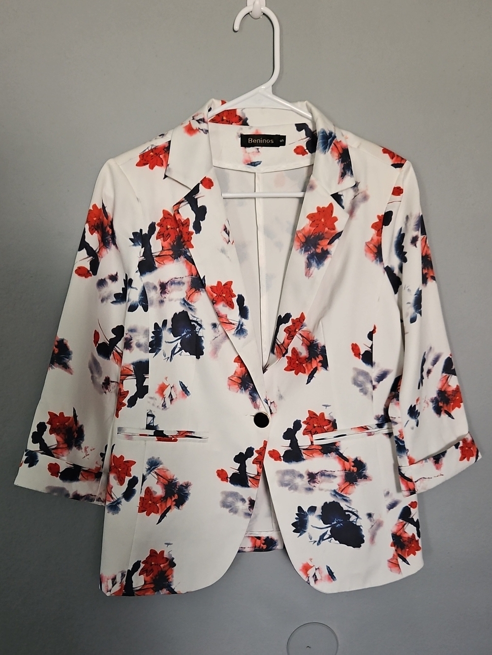 White Floral Blazer with Red & Navy Accents